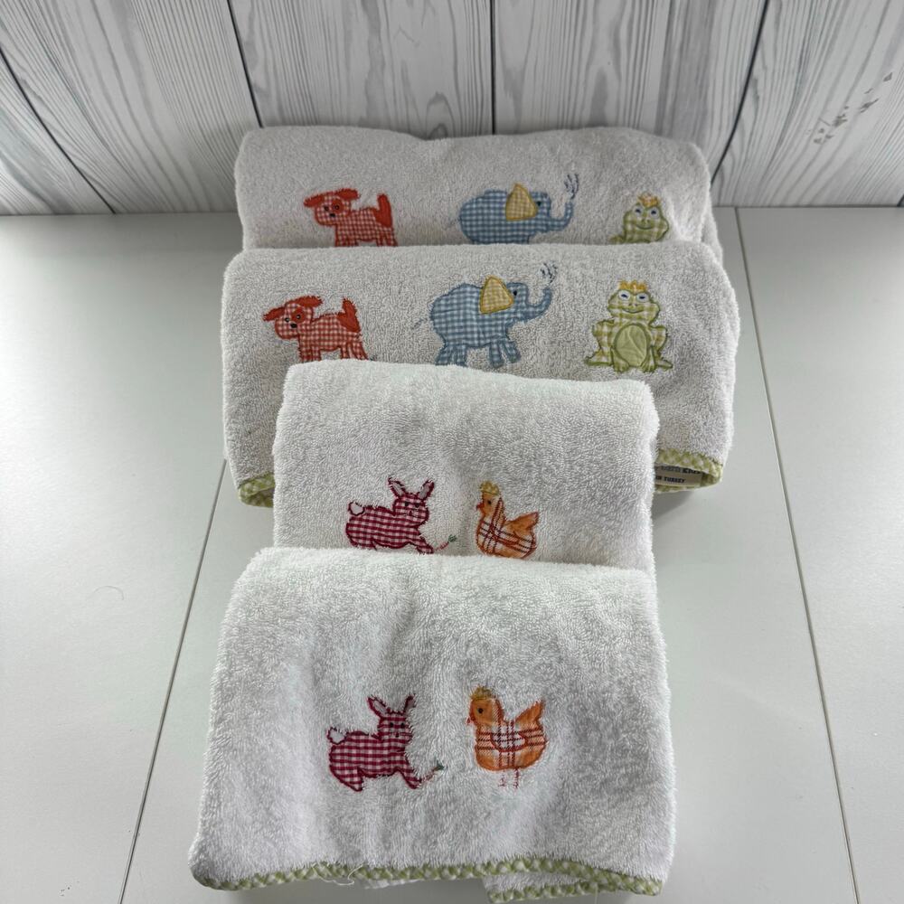 Pottery Barn Kids Set of 4 White Towels Animals Applique Embroidered Gingham